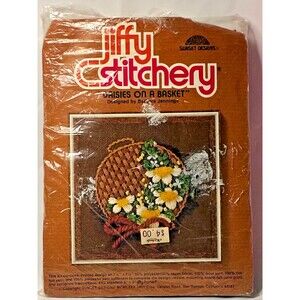 Vintage 1980 Sunset Designs Daisies on a Basket Jiffy Stitchery Kit Unchecked